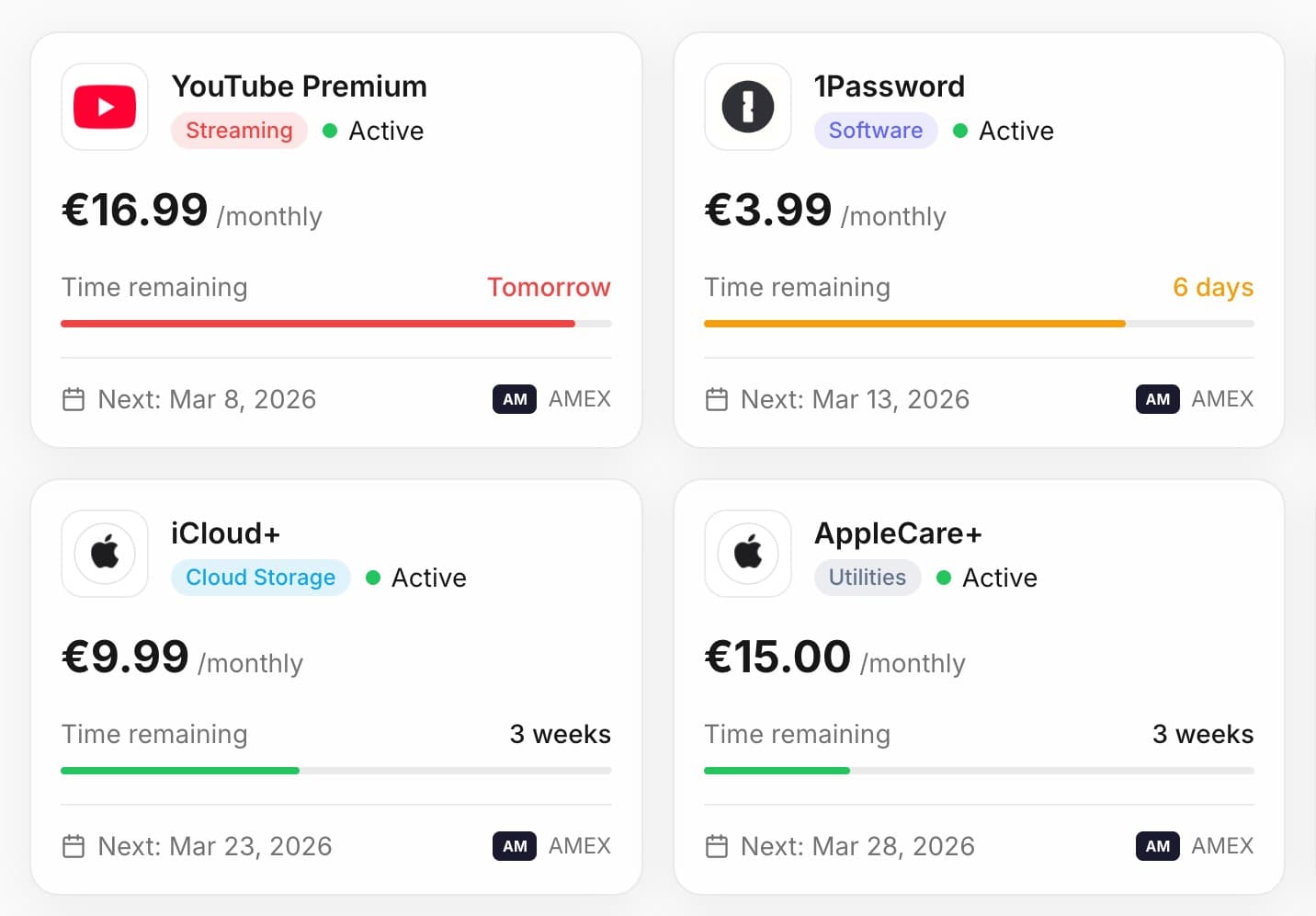 Dashboard overview with stats, burn rate, spending by card, category breakdown and cost projection