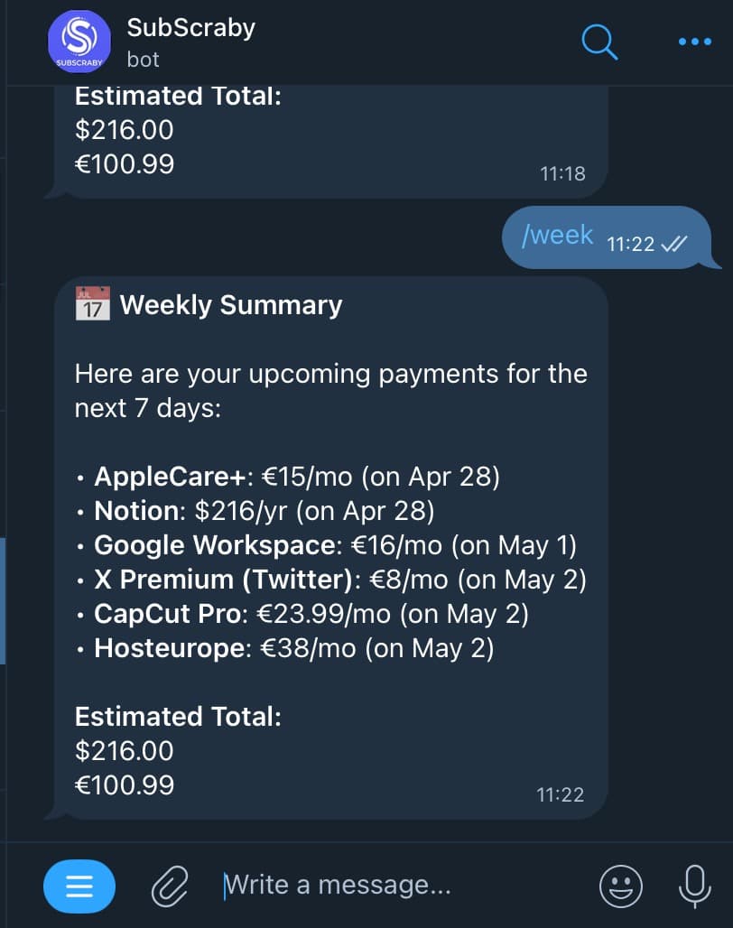 SubScraby Telegram bot showing weekly payment summary in chat